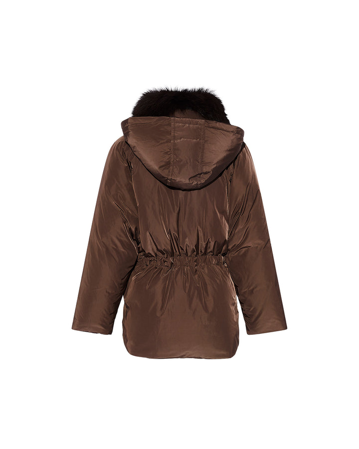 Doudoune cape en tissu technique et col amovible en renard