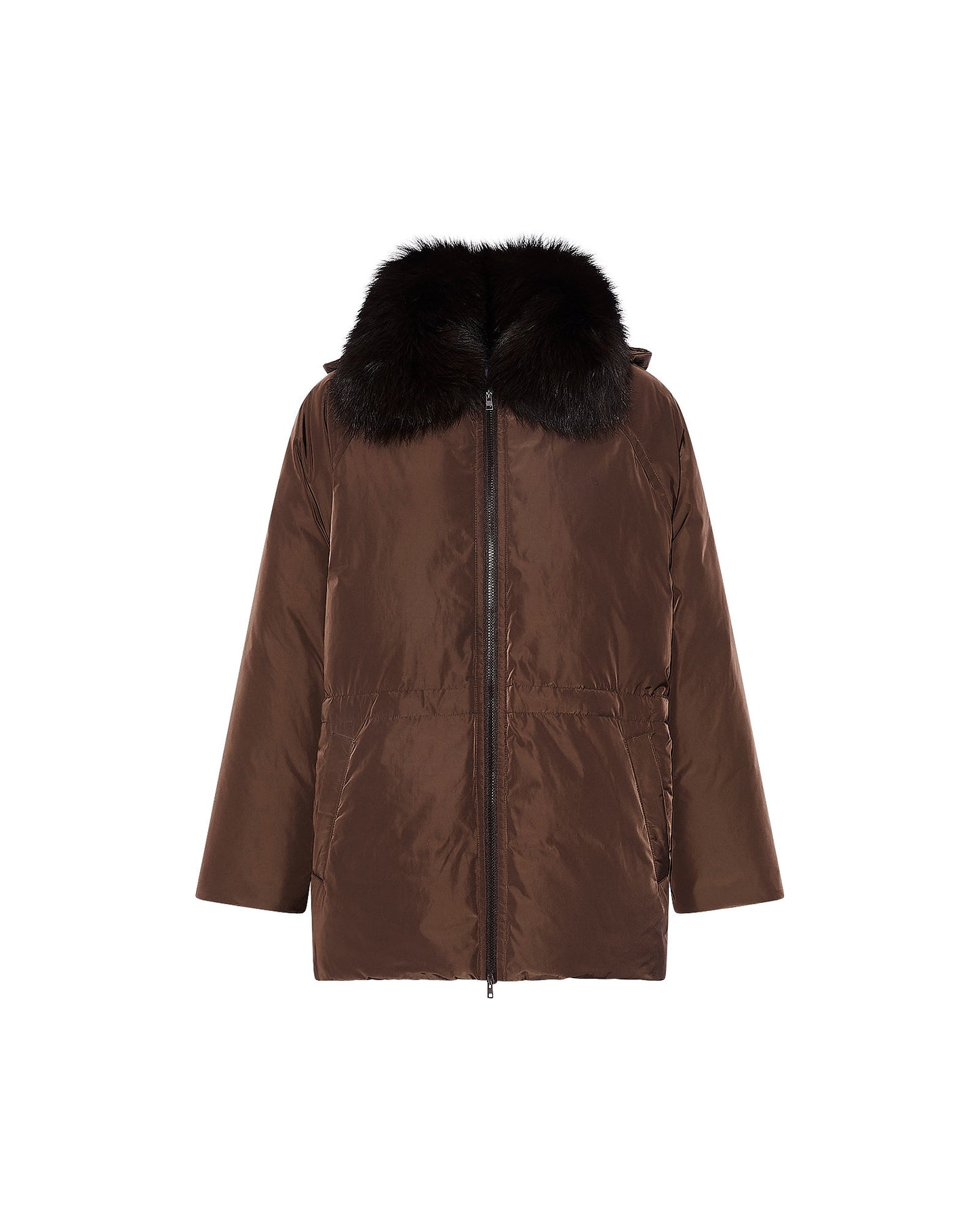 Doudoune cape en tissu technique et col amovible en renard