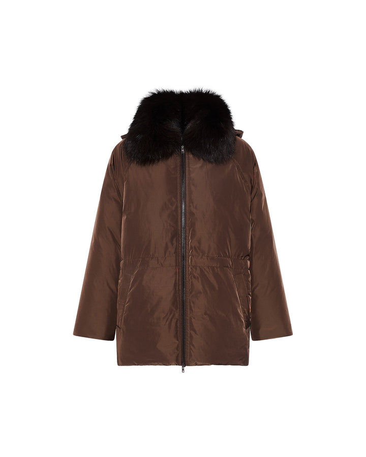 Doudoune cape en tissu technique et col amovible en renard