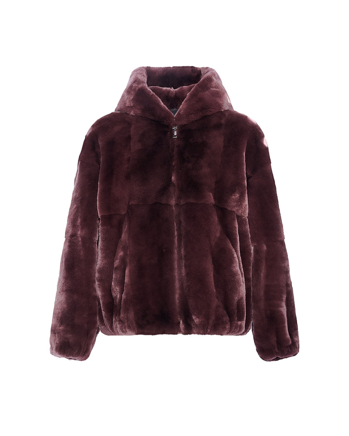 Veste à capuche  réversible en fourrure de lapin rex et tissu technique