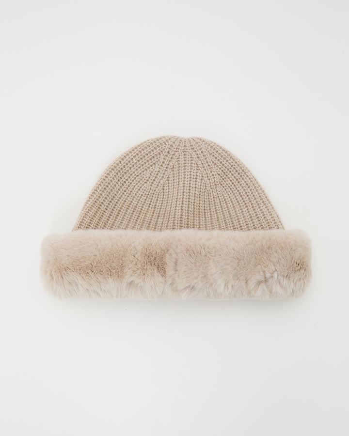 Bonnet en maille cachemire et laine avec revers en fourrure de lapin rex -Yves Salomon
