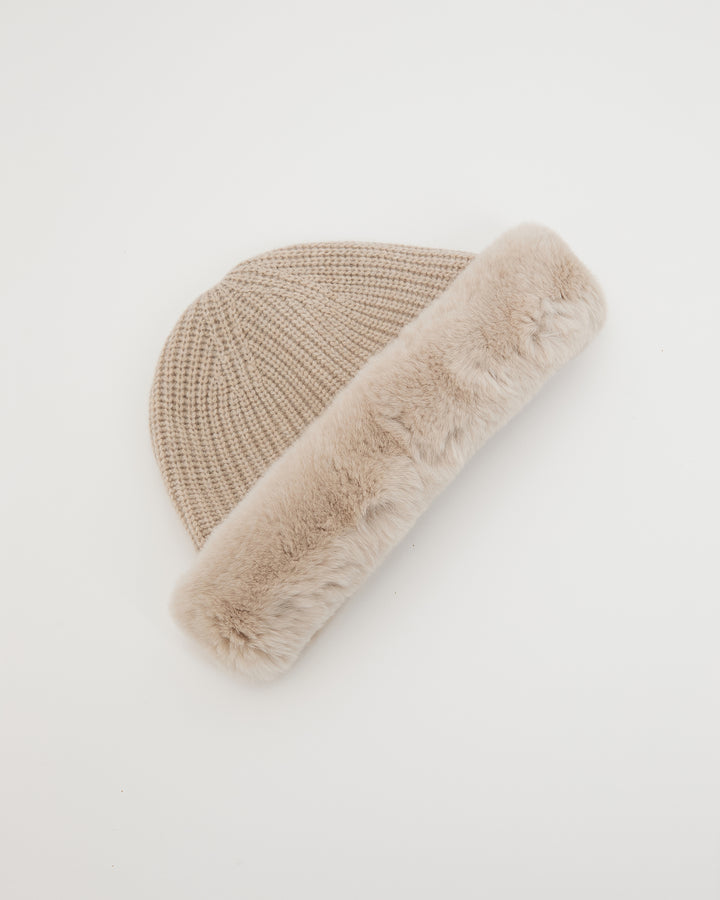 Bonnet en maille cachemire et laine avec revers en fourrure de lapin rex -Yves Salomon