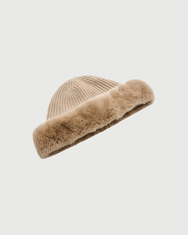 Bonnet en maille cachemire et laine avec revers en fourrure de lapin rex- Yves Salomon - Nouvelle collection Automne Hiver