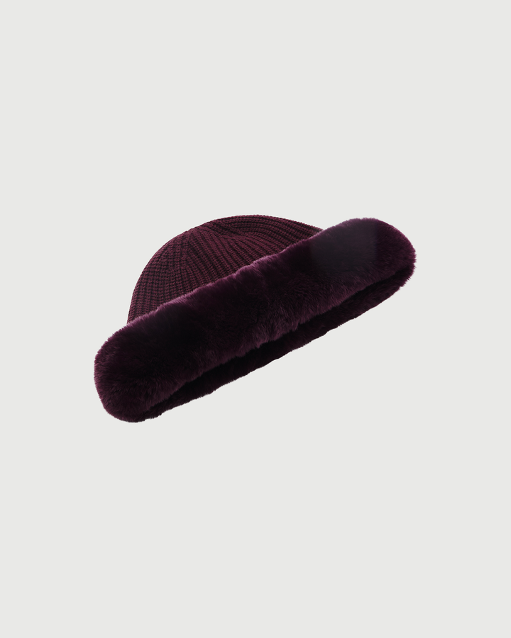Bonnet en maille cachemire et laine avec revers en fourrure de lapin rex- Yves Salomon - Nouvelle collection Automne Hiver