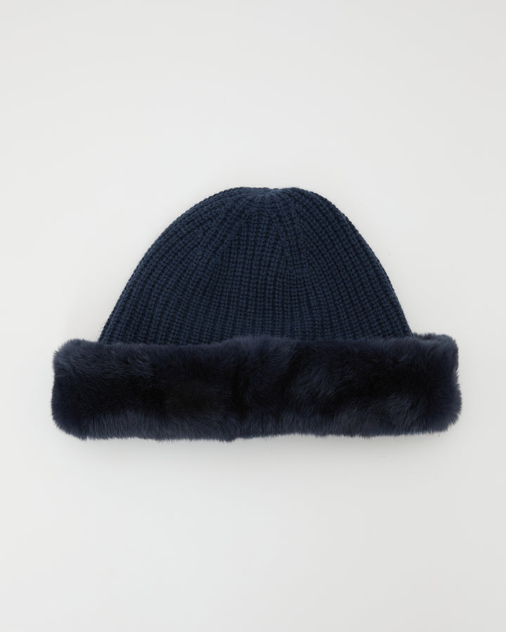 Bonnet en maille cachemire et laine avec revers en fourrure de lapin rex -Yves Salomon
