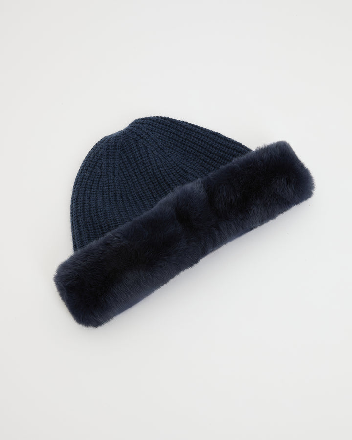 Bonnet en maille cachemire et laine avec revers en fourrure de lapin rex -Yves Salomon