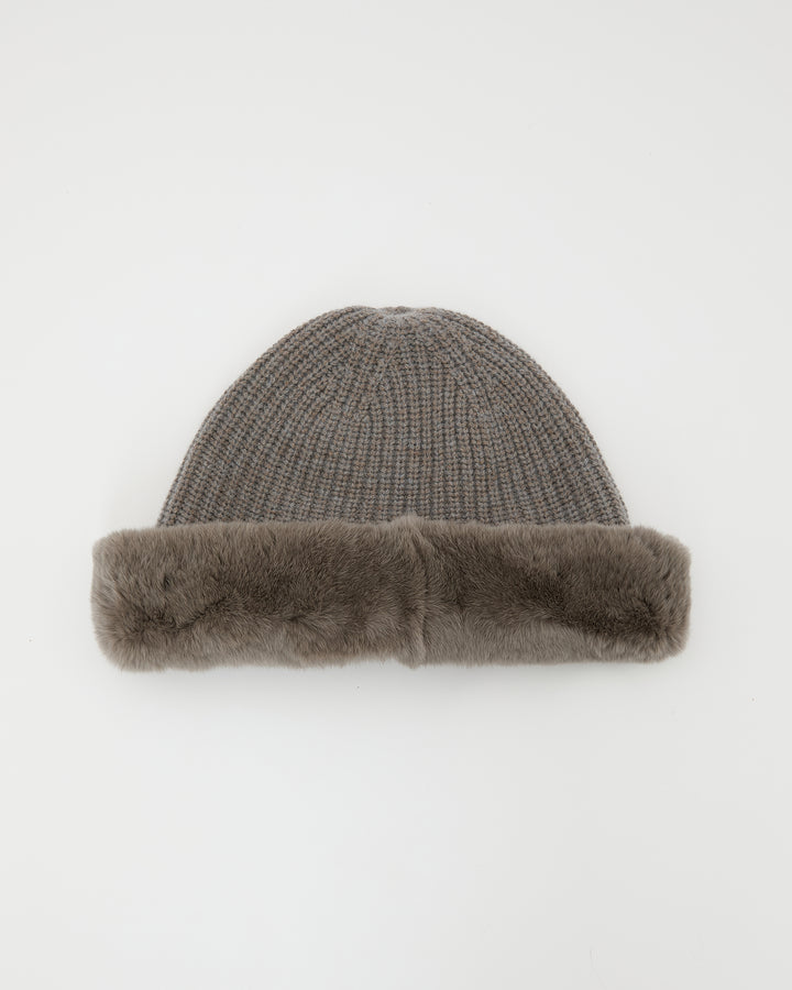 Cashmere and wool knit beanie with rex rabbit fur turn-up