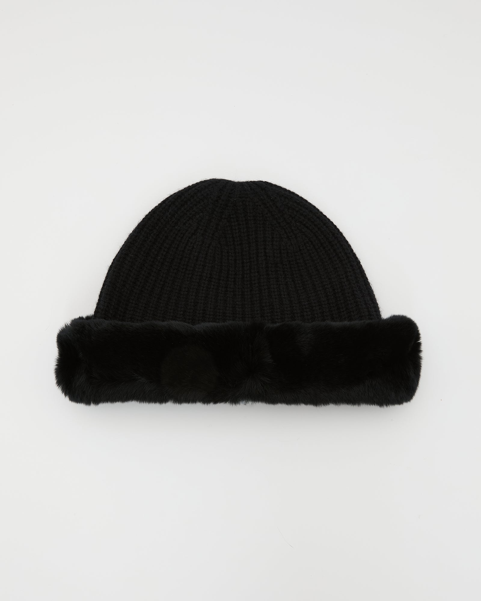 Cashmere and wool knit beanie with rex rabbit fur turn-up – Yves