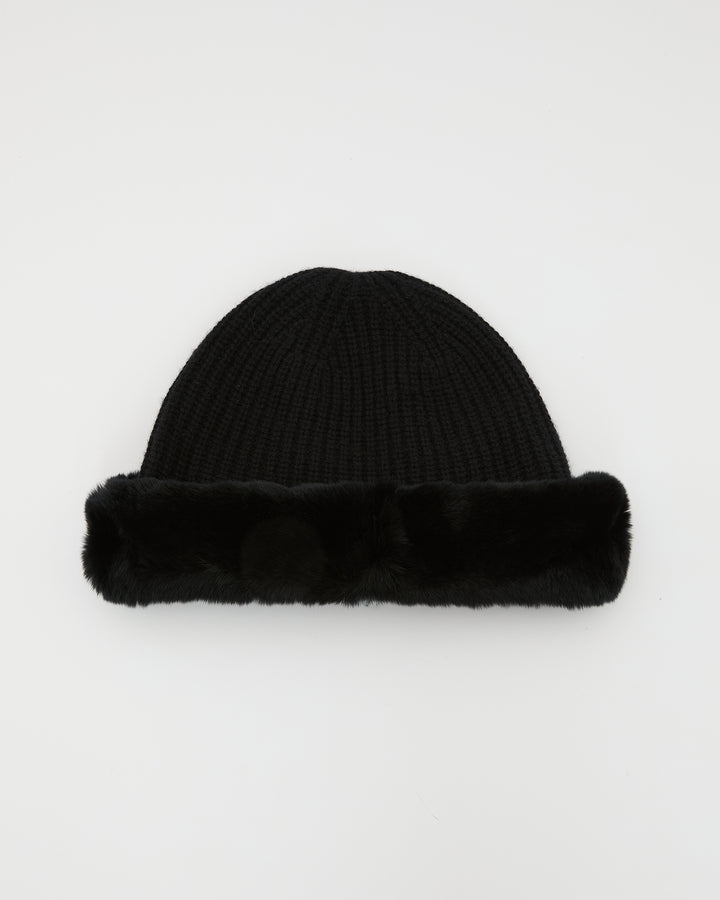 Bonnet en maille cachemire et laine avec revers en fourrure de lapin rex -Yves Salomon