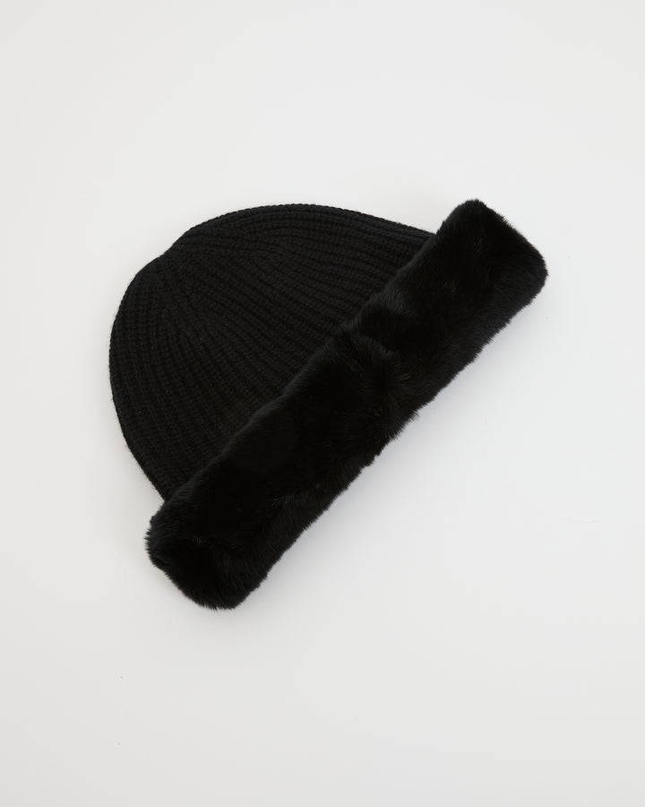 Bonnet en maille cachemire et laine avec revers en fourrure de lapin rex -Yves Salomon