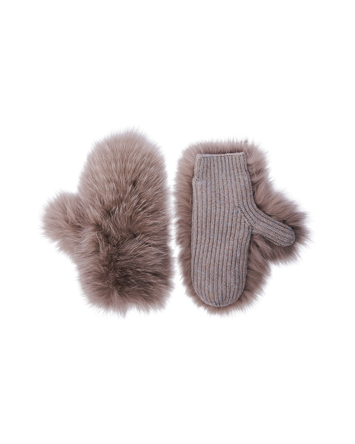 Cashmere wool knit and fox fur mittens