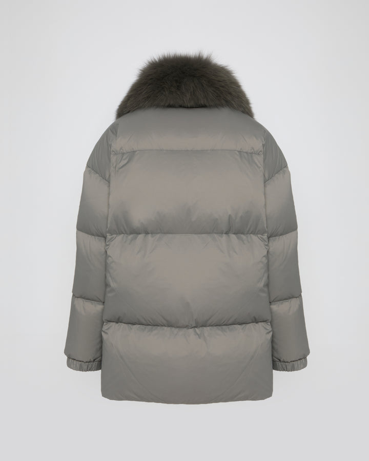Mid-length down jacket with fox fur trim