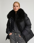 Mid-length down jacket with fluffy lambswool trim