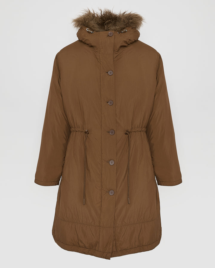 Ultra-light down parka with curly lambskin trim