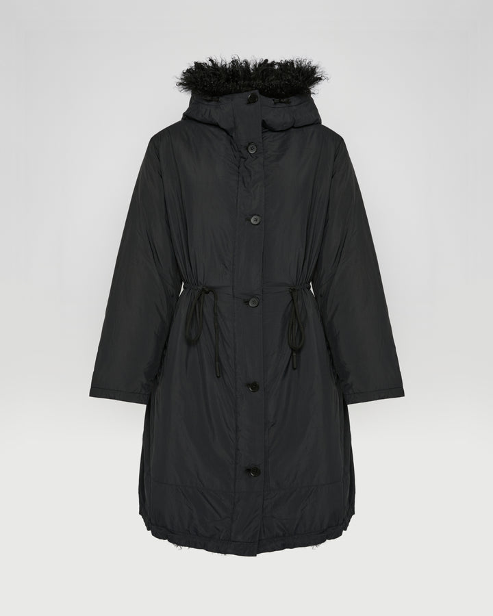 Ultra-light down parka with curly lambskin trim