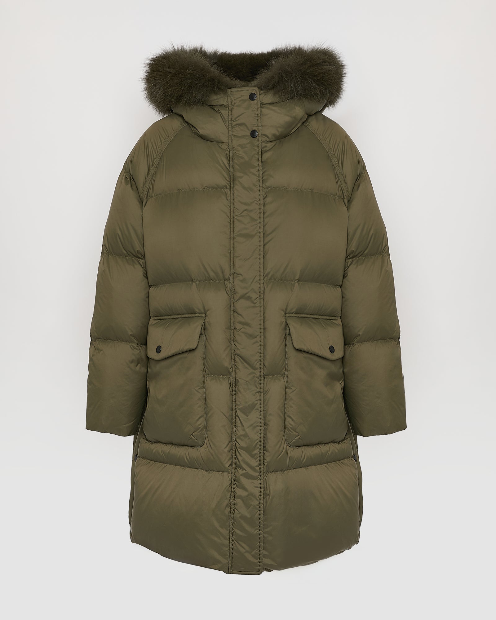 Doudoune longue manches raglan garniture fourrure de renard kaki