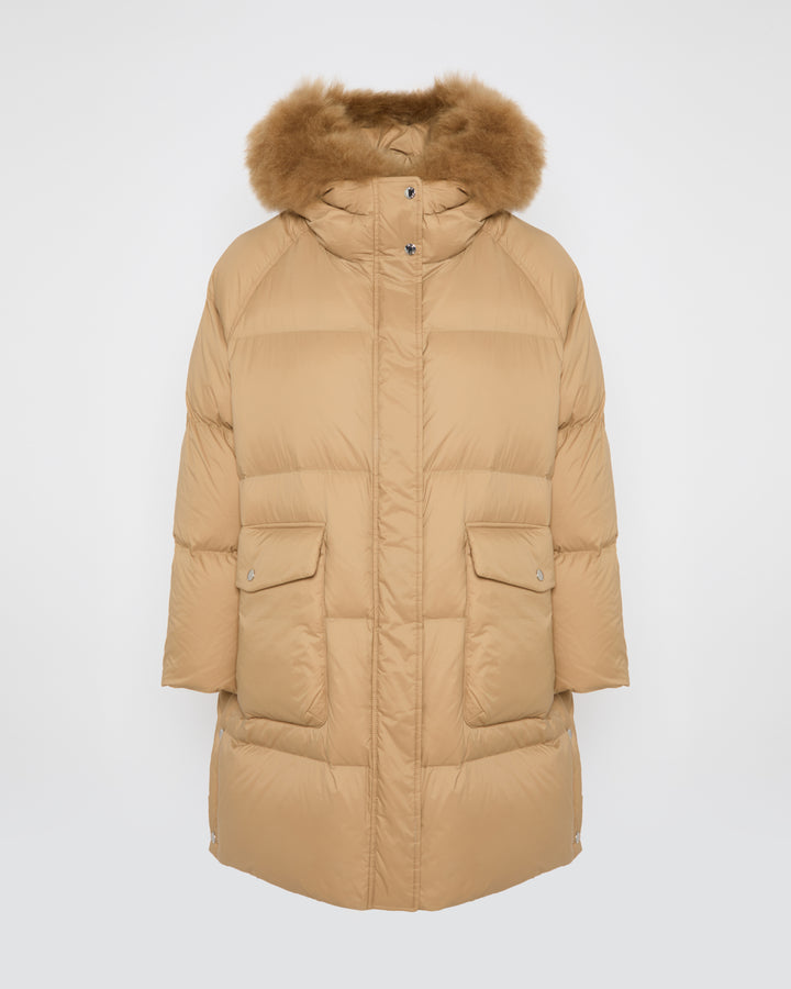 Long down jacket with raglan sleeves and fluffy lambswool trim