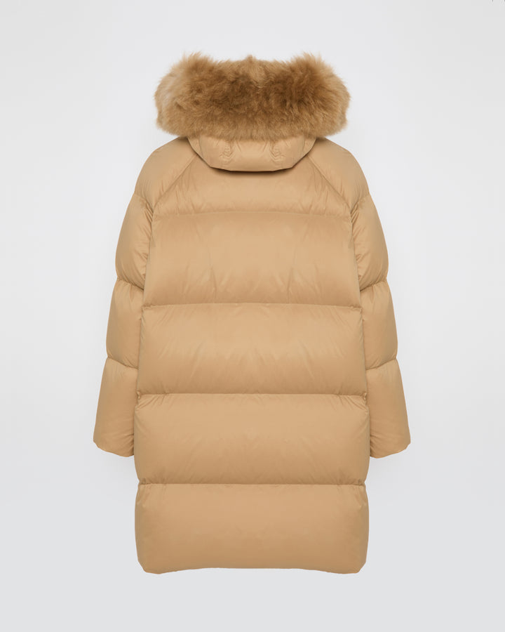 Long down jacket with raglan sleeves and fluffy lambswool trim