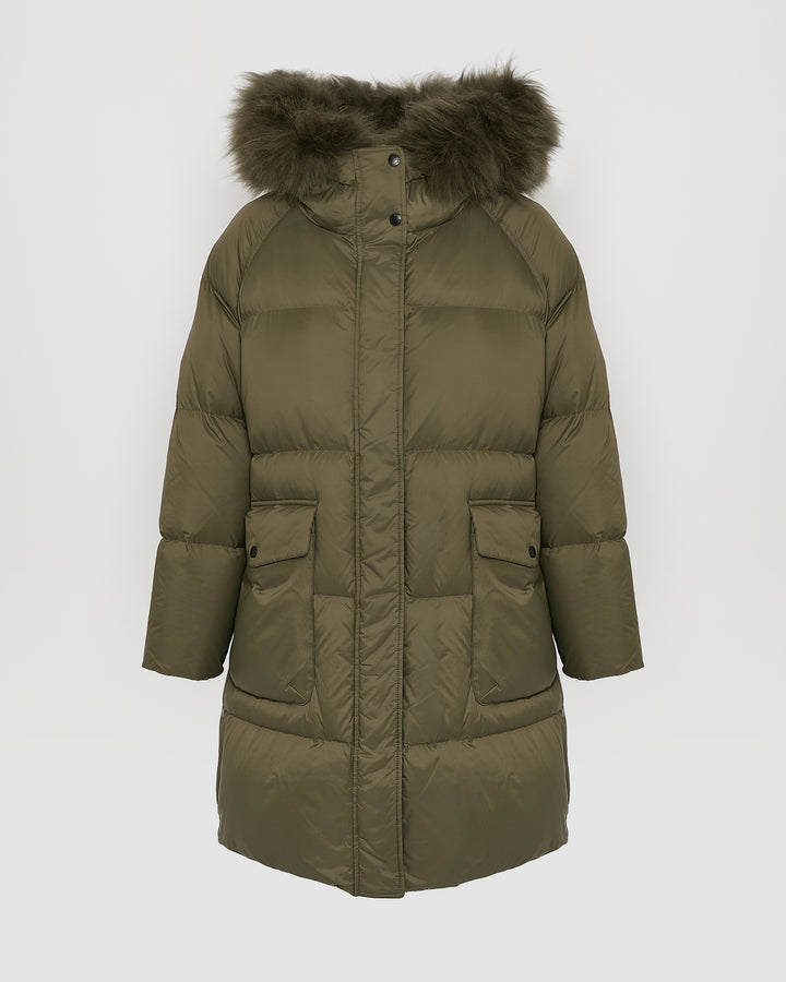 Long down jacket with raglan sleeves and fluffy lambswool trim