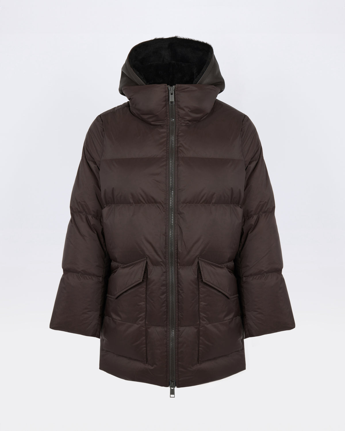 Doudoune "A" line en tissu technique imperméable avec plastron en peau lainée d'agneau - Yves Salomon - Nouvelle collection Automne Hiver