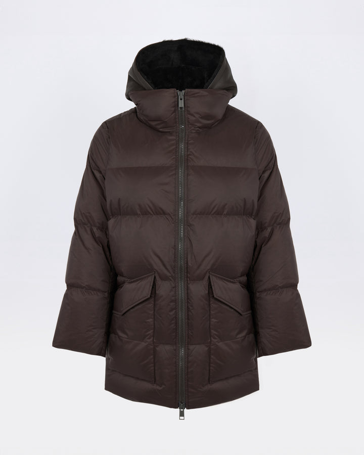 Doudoune "A" line en tissu technique imperméable avec plastron en peau lainée d'agneau