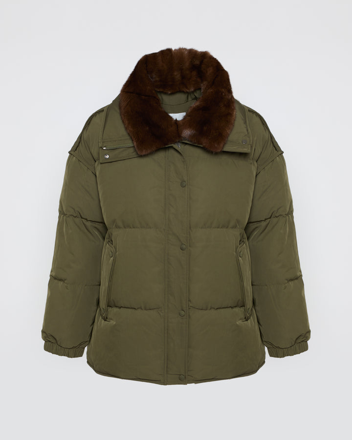 Mid-length down jacket with mink trimming