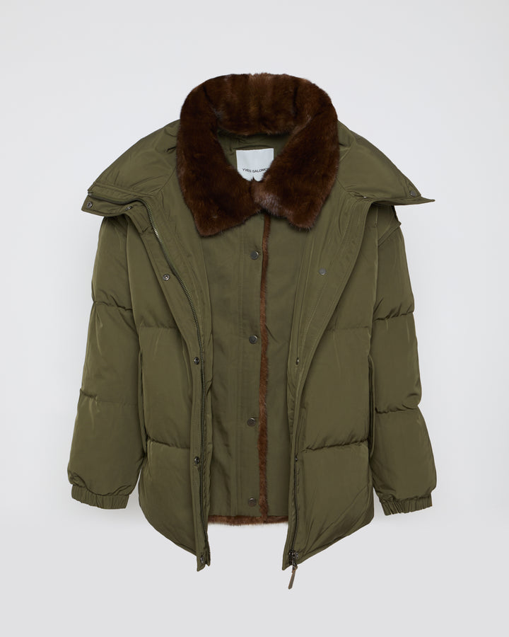 Mid-length down jacket with mink trimming