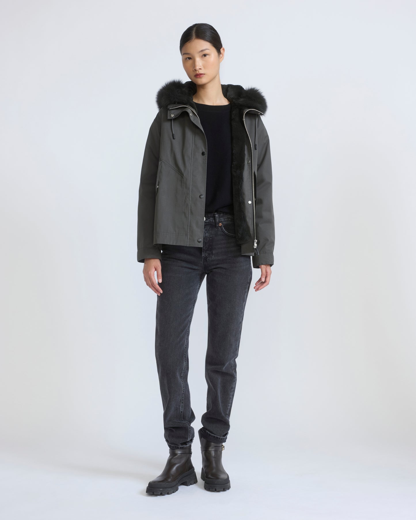 Short parka in cotton with fox and rabbit fur