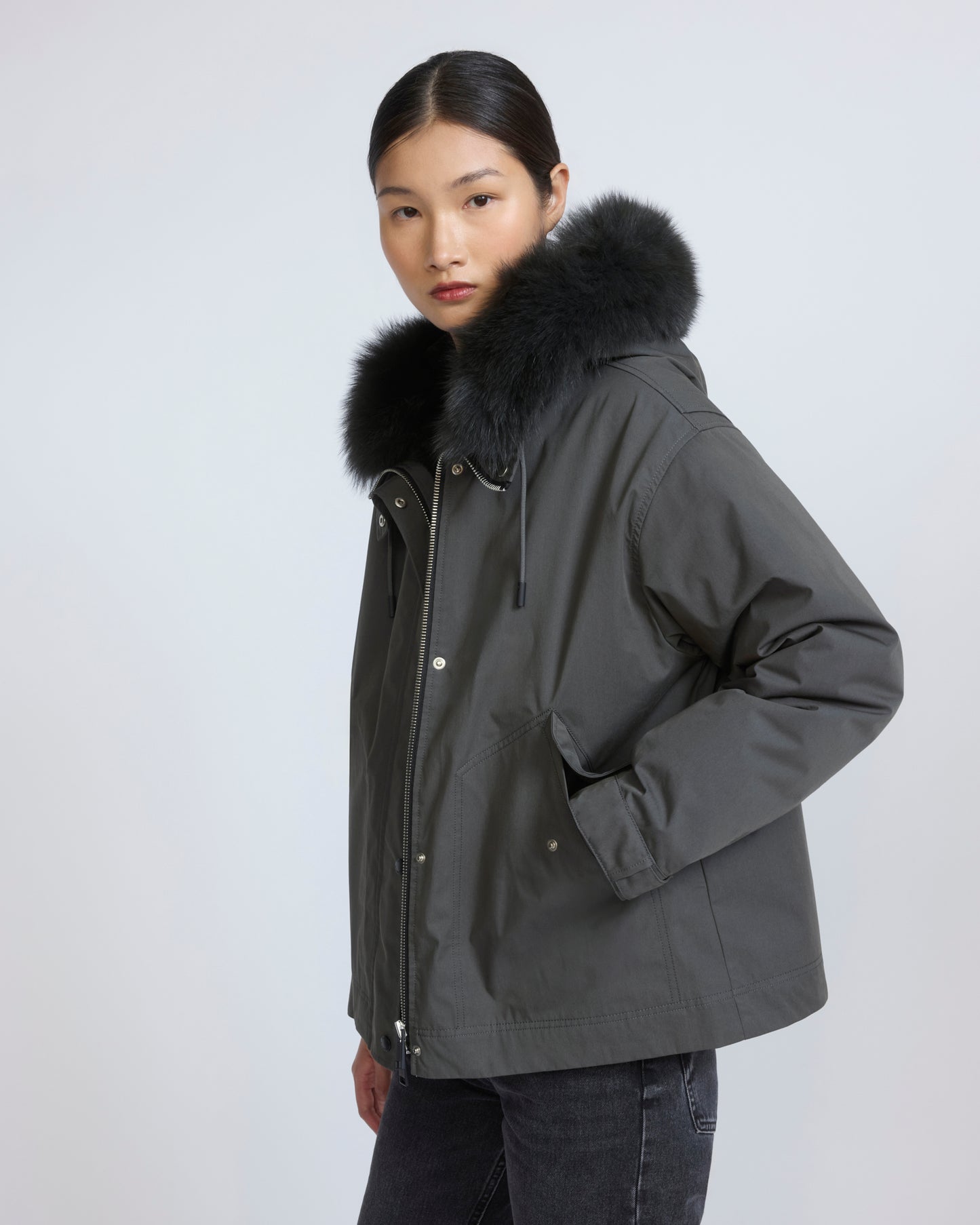 Short parka in cotton with fox and rabbit fur