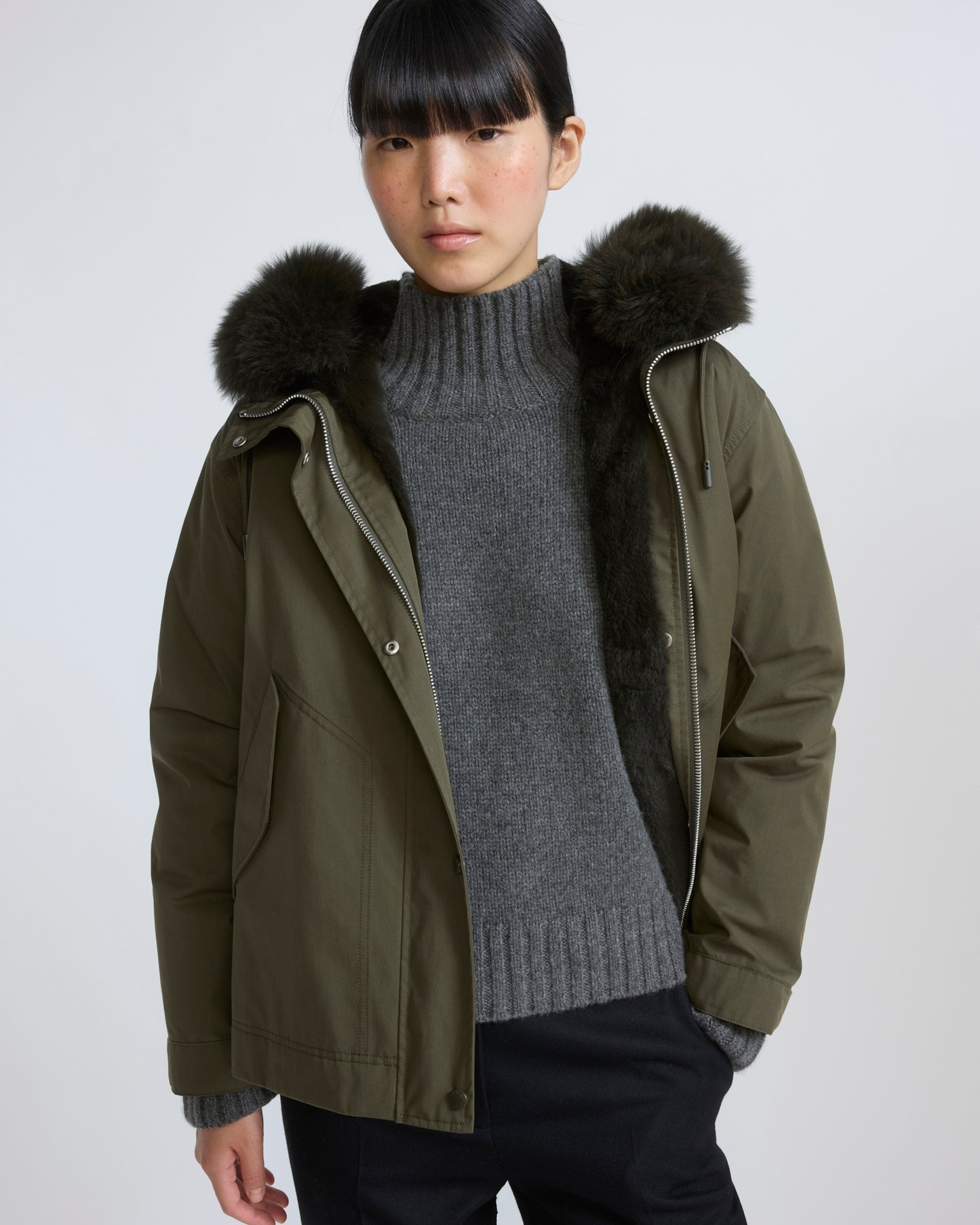 Short parka in cotton with fox and rabbit fur