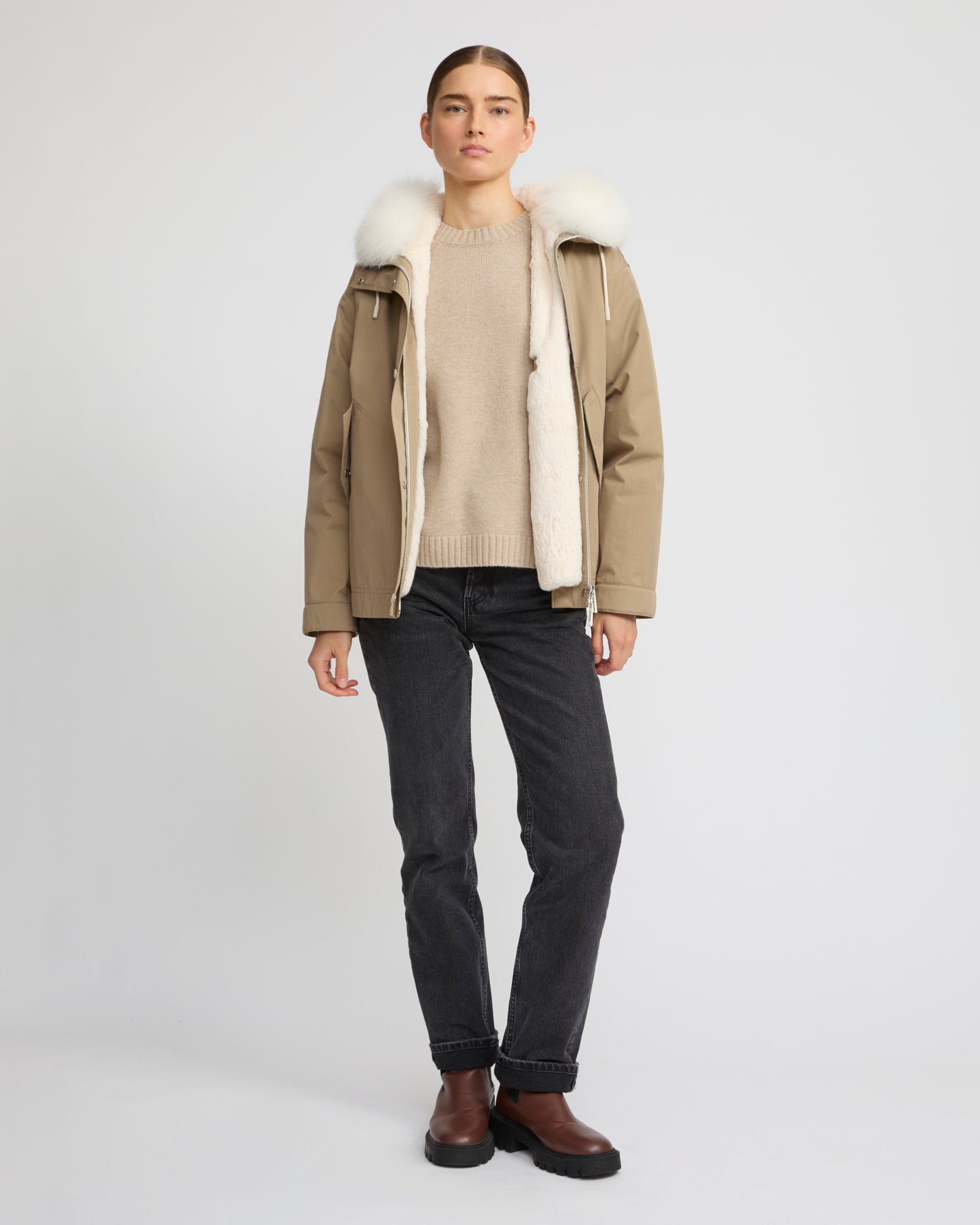 コットンブレンド、フォックス＆ラビットファー パーカ - ベージュ