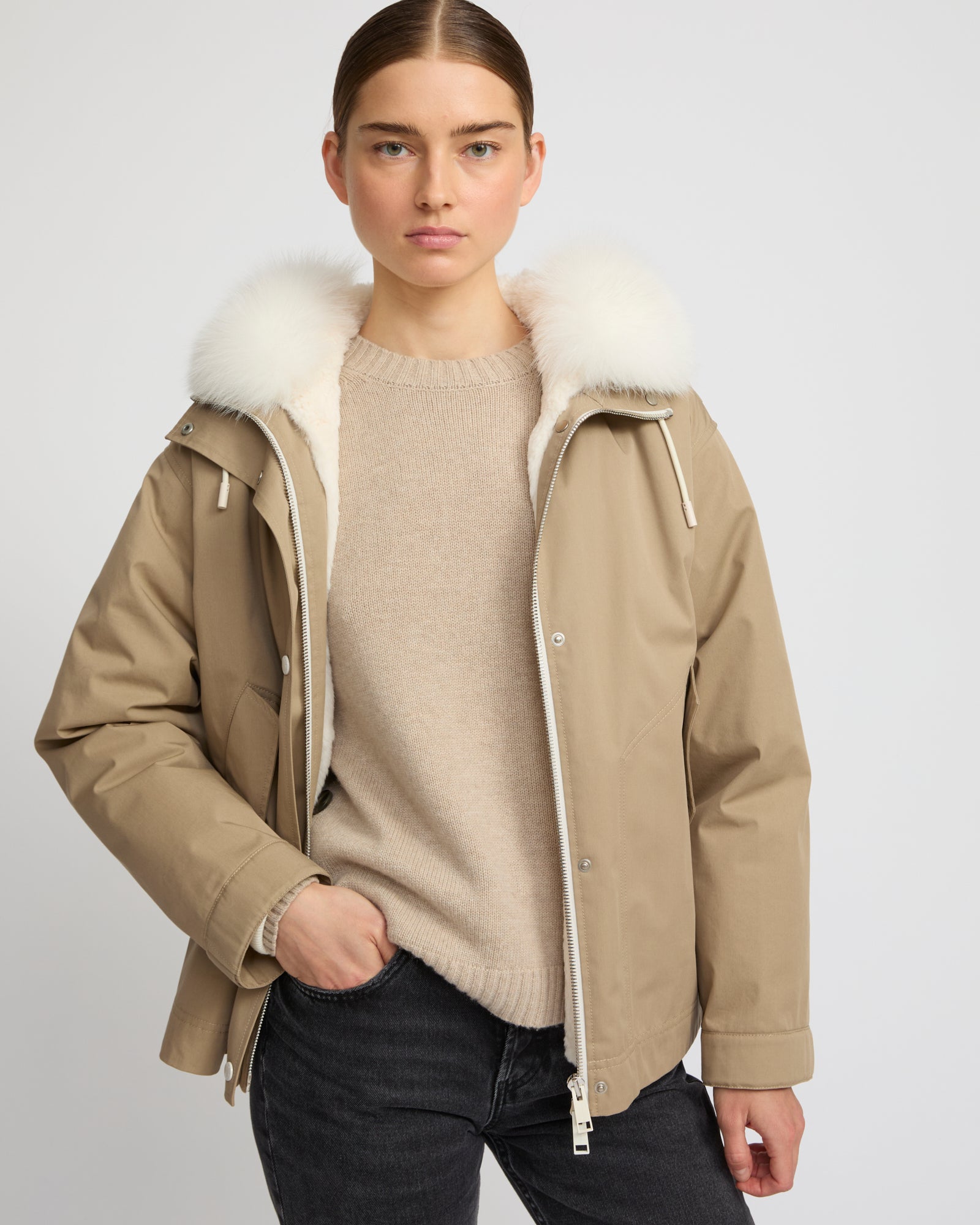 コットンブレンド、フォックス＆ラビットファー パーカ - ベージュ