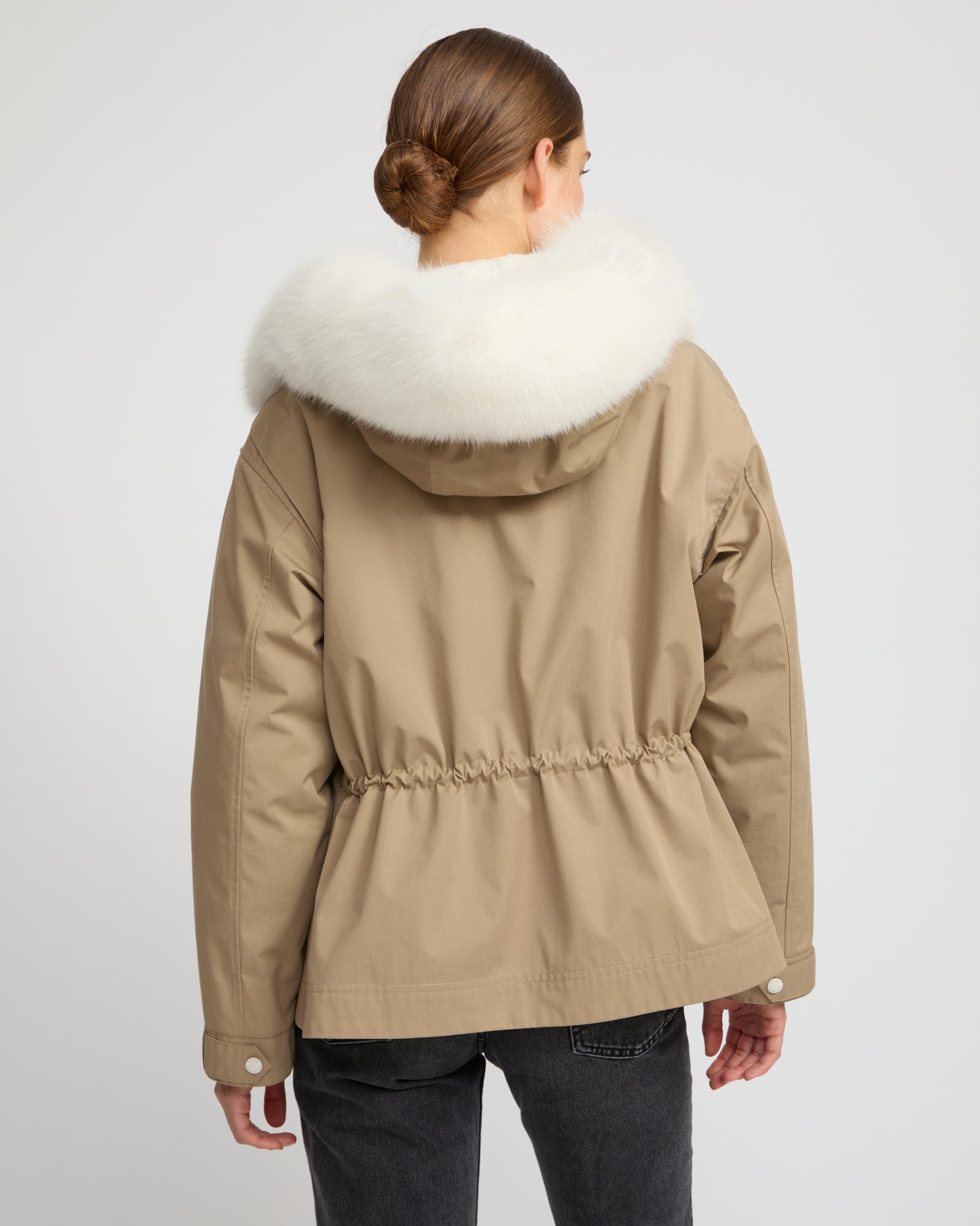 コットンブレンド、フォックス＆ラビットファー パーカ - ベージュ