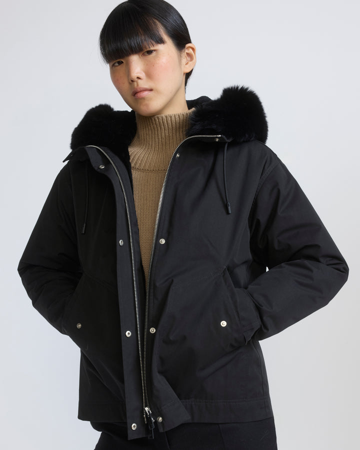 Parka courte en coton imperméable avec fourrure de renard et lapin
