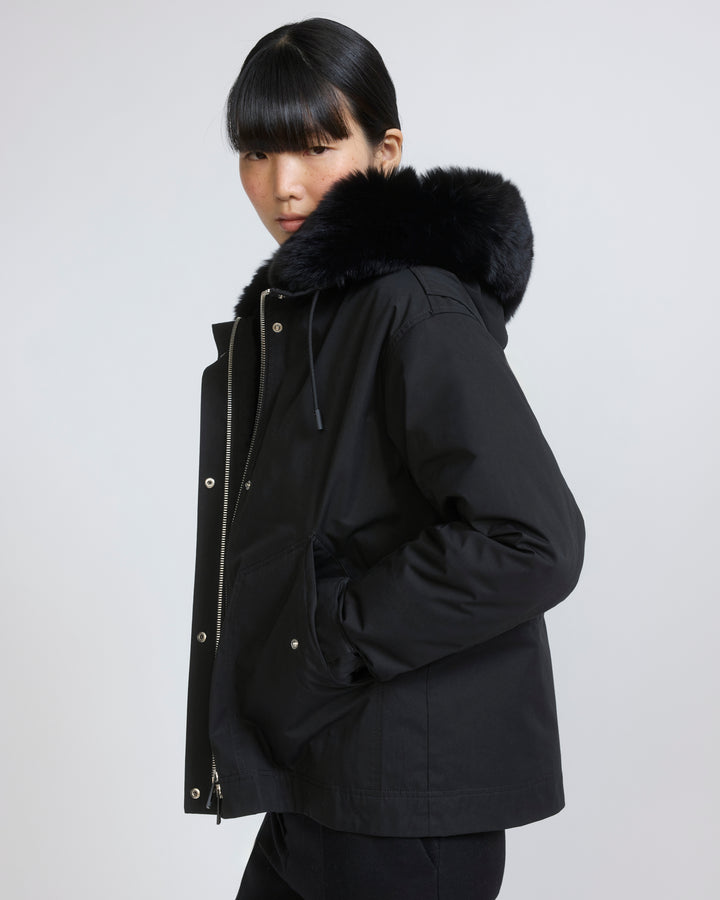 Parka courte en coton imperméable avec fourrure de renard et lapin
