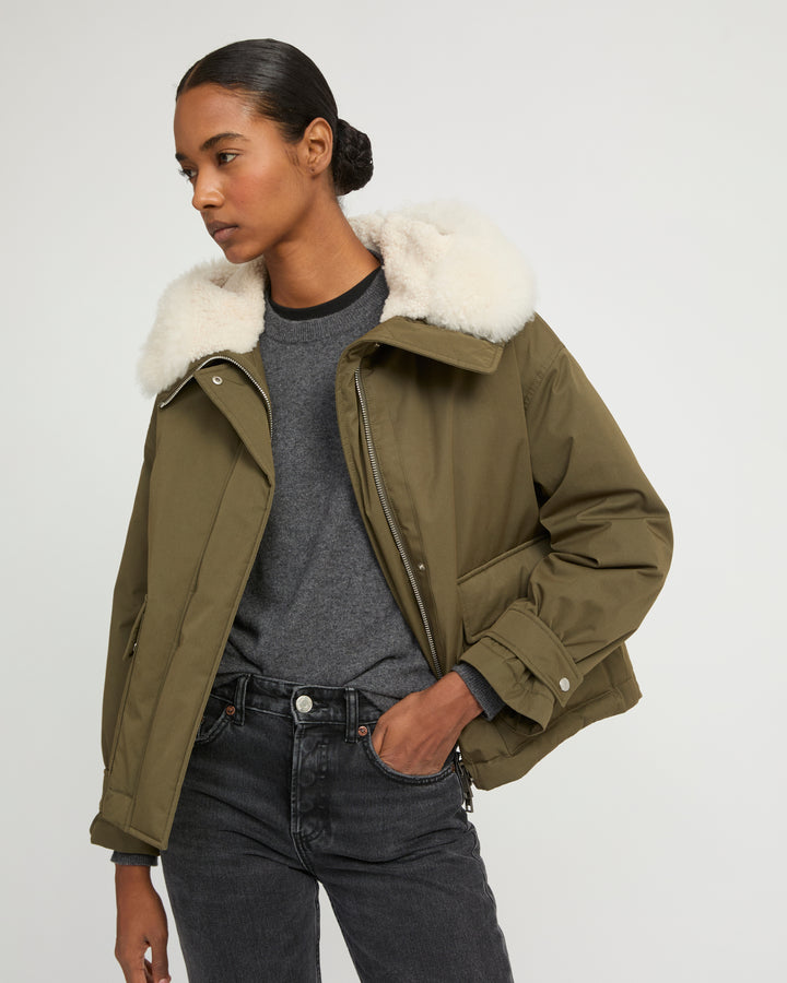 Short parka in cotton blend and lambskin shearling