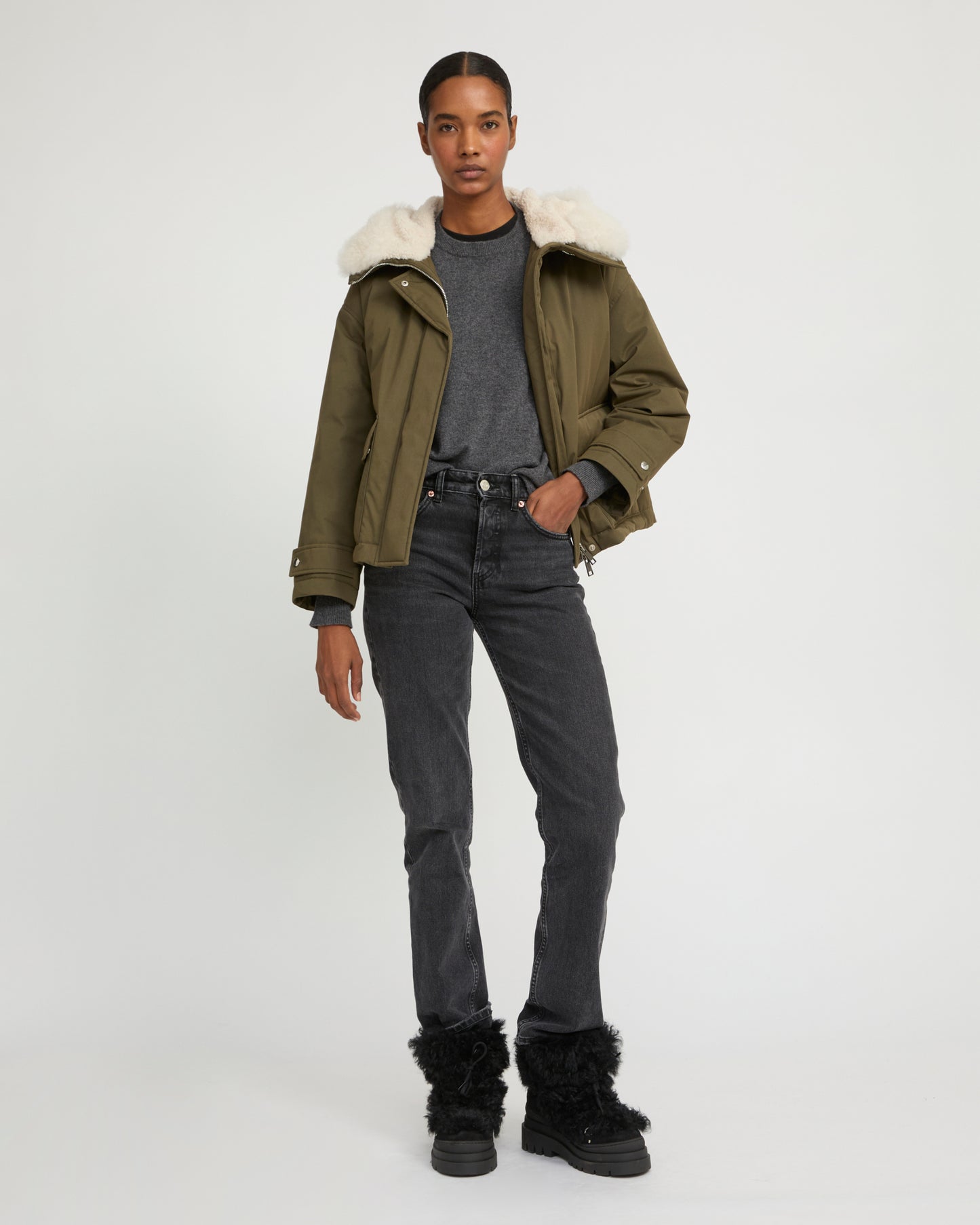 Short parka in cotton blend and lambskin shearling
