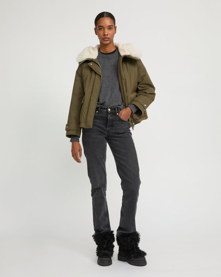 Short parka in cotton blend and lambskin shearling
