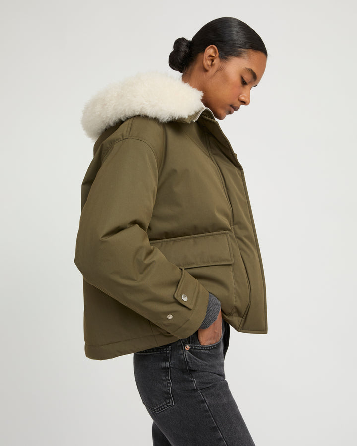 Short parka in cotton blend and lambskin shearling