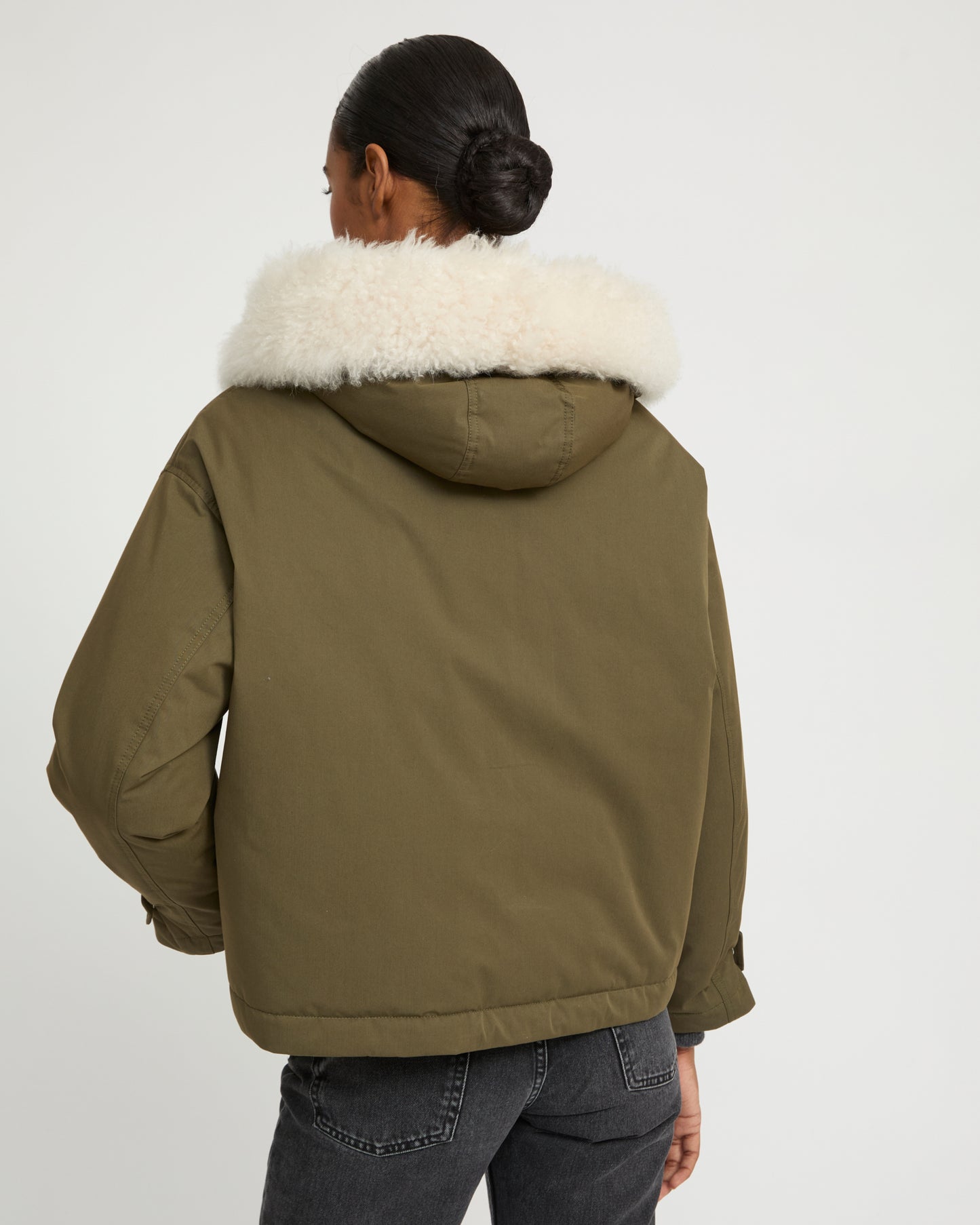 Short parka in cotton blend and lambskin shearling