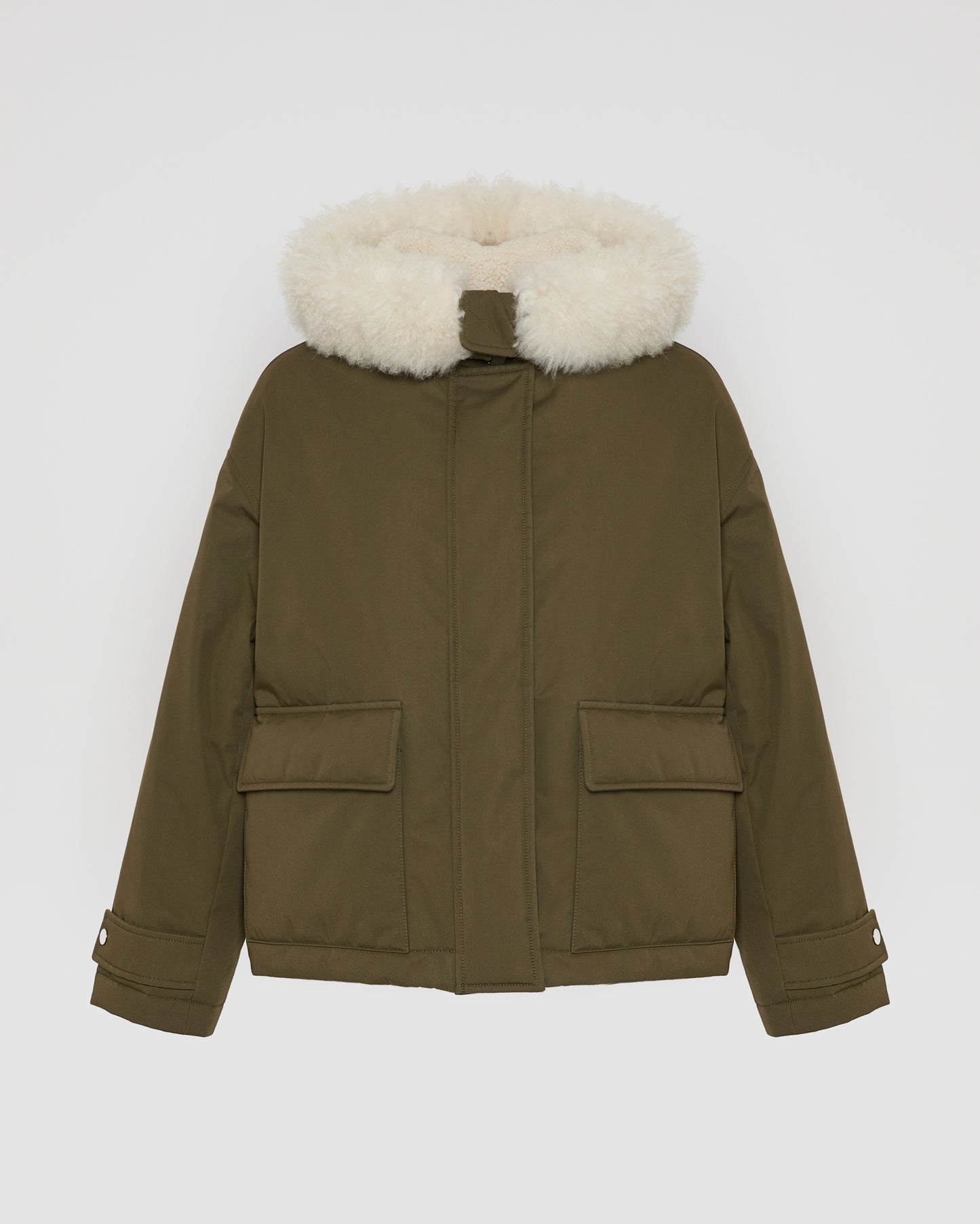 Short parka in cotton blend and lambskin shearling