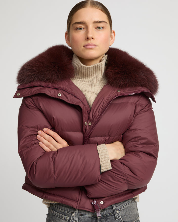 Short down jacket with fox trim