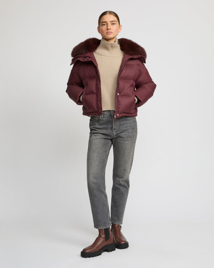 Short down jacket with fox trim