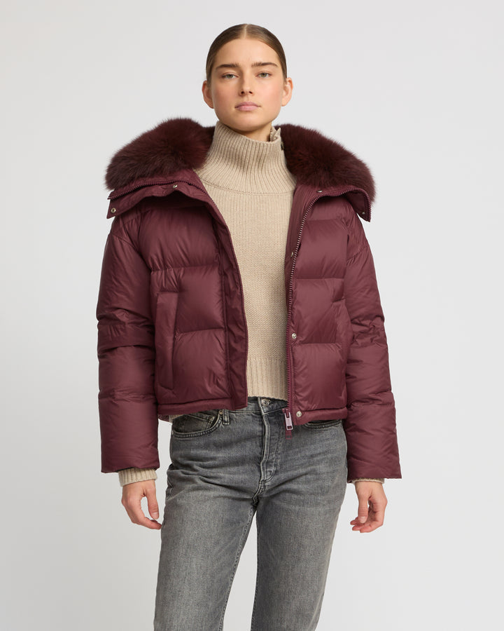 Short down jacket with fox trim