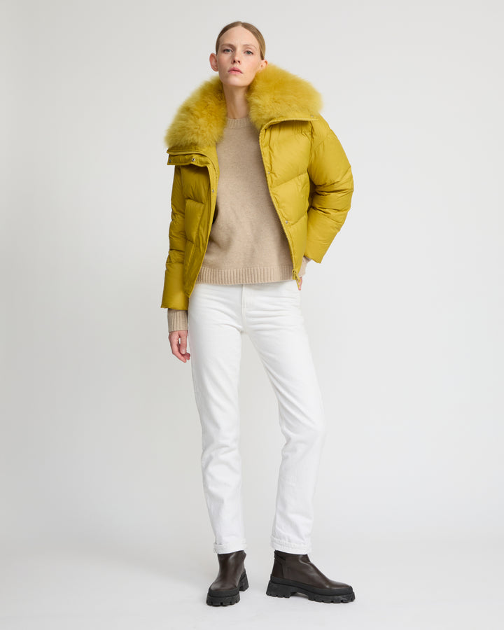 Short down jacket with fluffy lambswool trim