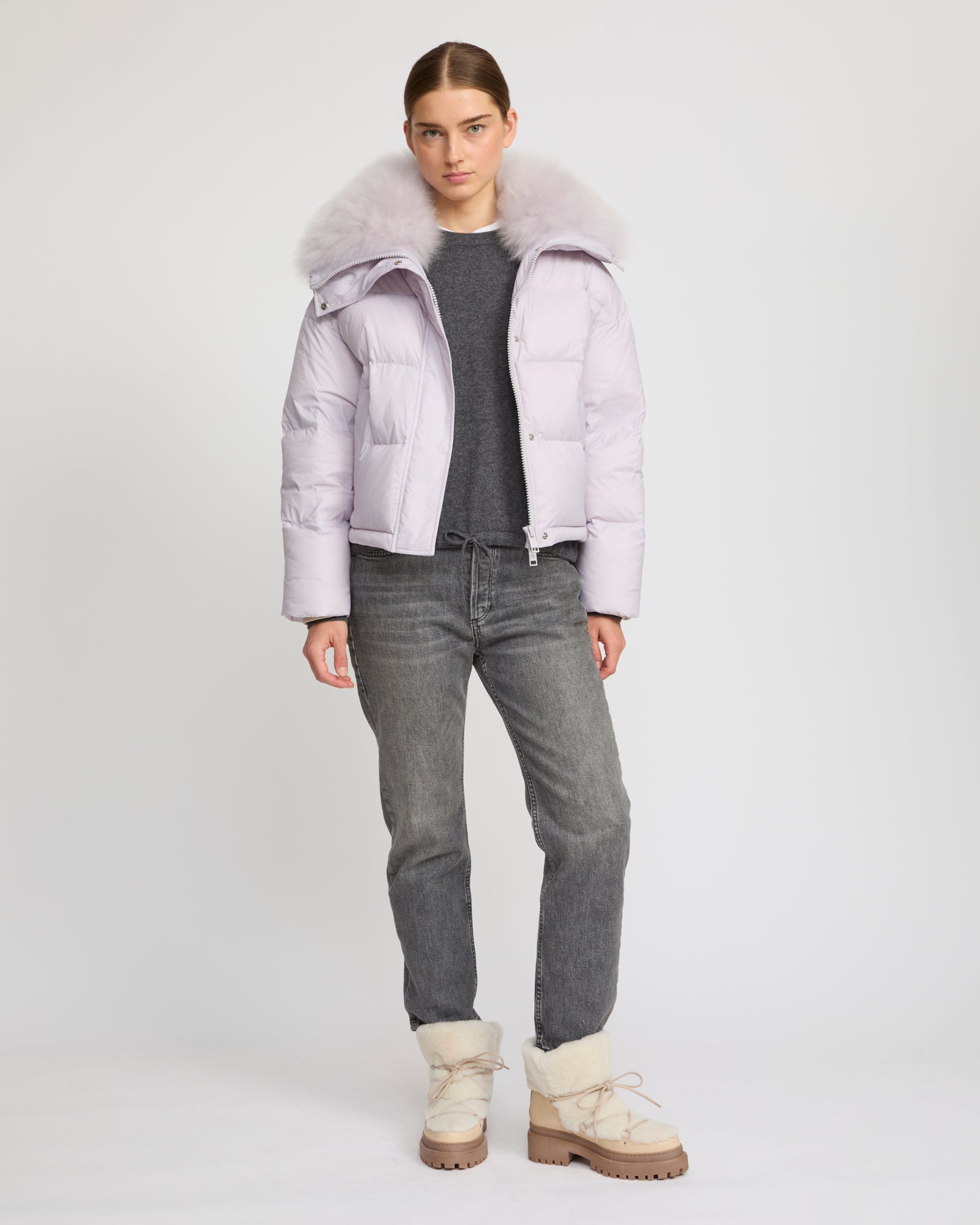 Down jacket with fluffy lambswool trim - Purple - Yves Salomon