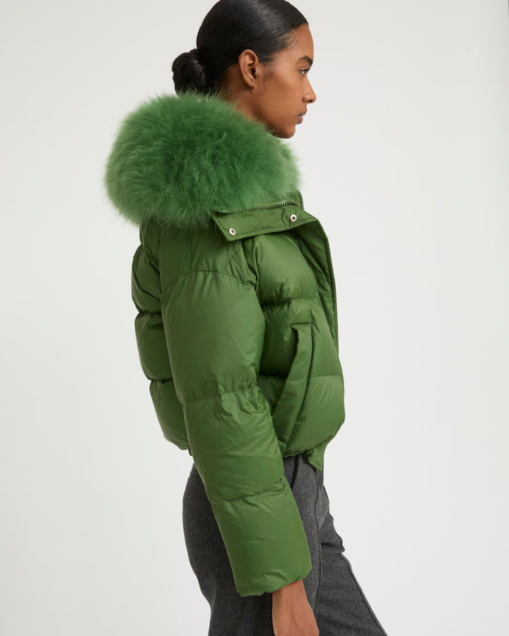 Short down jacket with fluffy lambswool trim