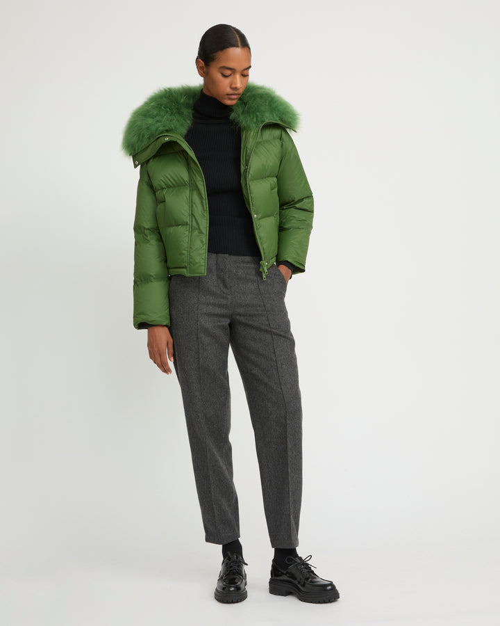 Short down jacket with fluffy lambswool trim