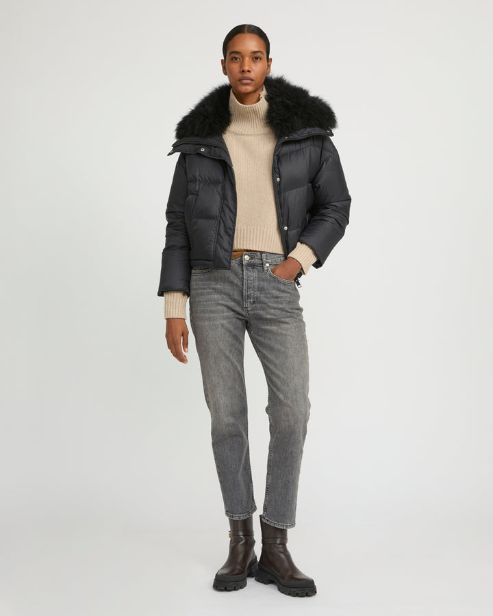Short down jacket with fluffy lambswool trim