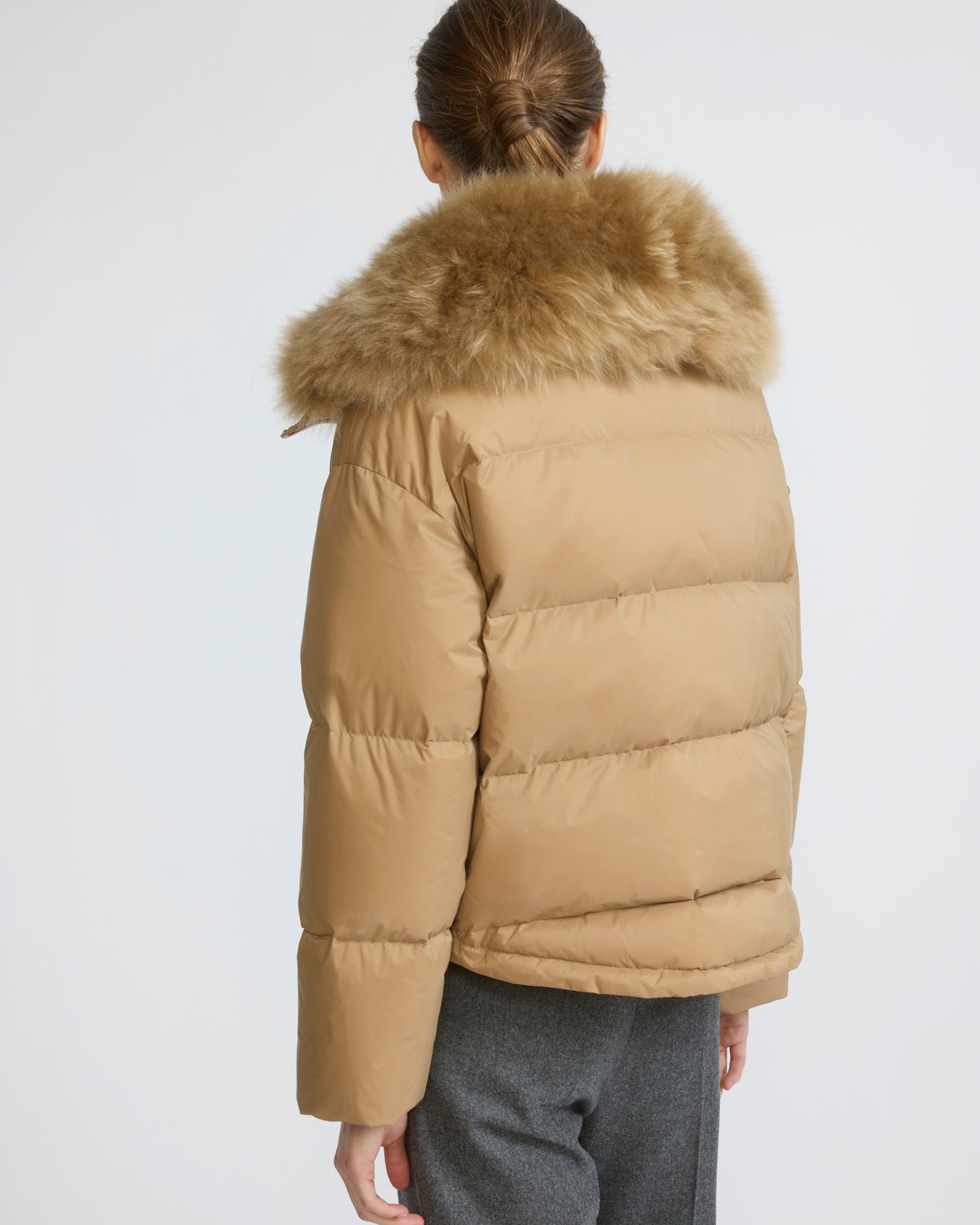 Short down jacket in waterproof technical fabric with airy lambswool trim
